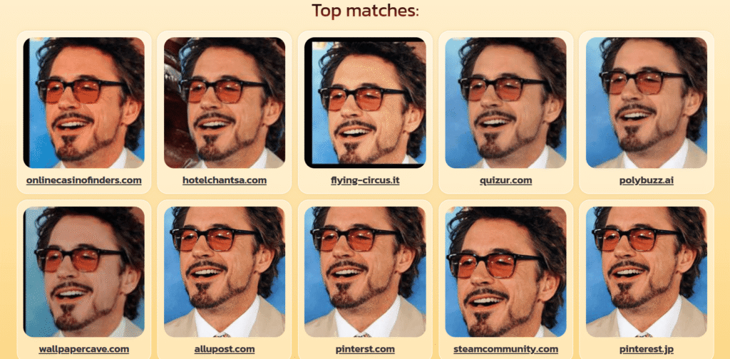 Resultados de búsqueda facial inversa de Eyematch.ai para robert downey junior