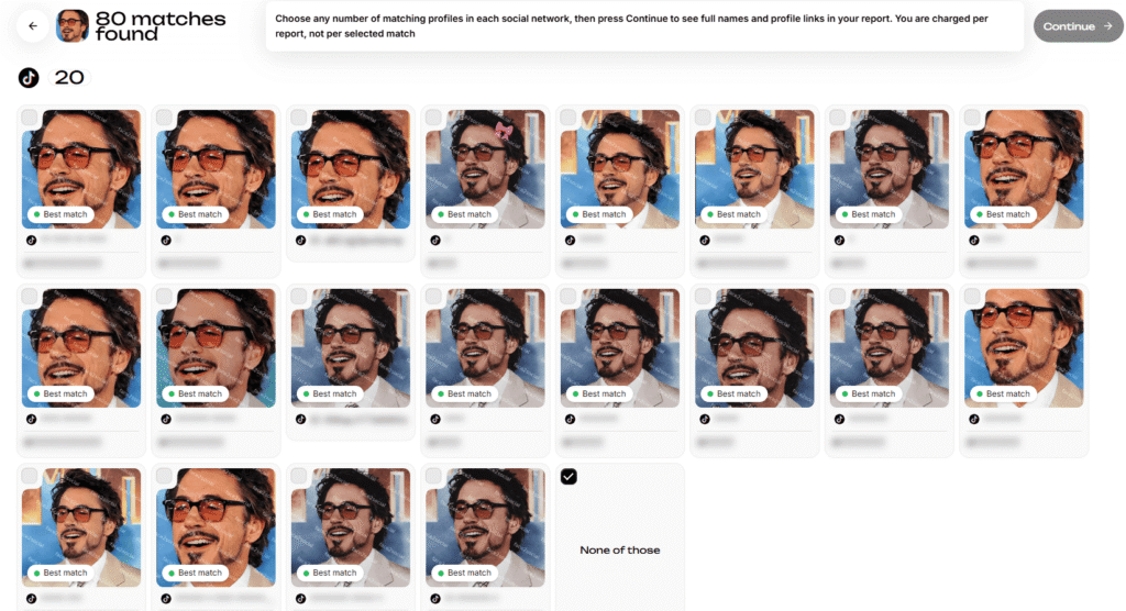 Resultados de Face2Socials para Robert Downey Junior