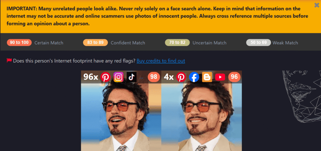 Resultados de búsqueda inversa de imágenes de FaceCheck.Id para Robert Downey Junior