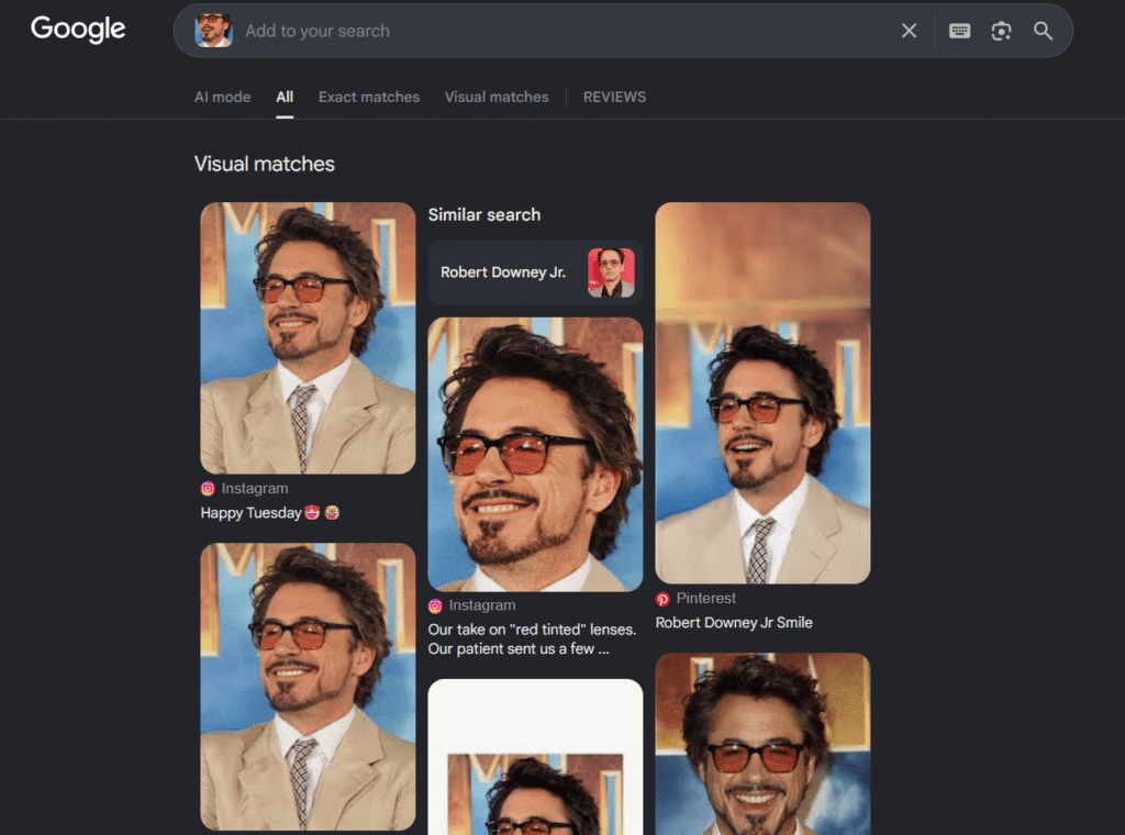 Resultados de búsqueda facial de Google lens para Robert Downey Junior