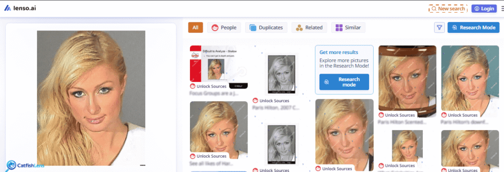 Lenso.ai Paris Hilton Mugshot results