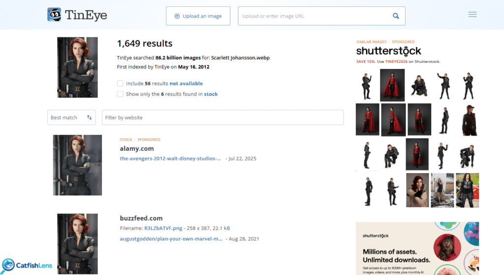 TinEye Visual Image search results of Scarlett Johansson