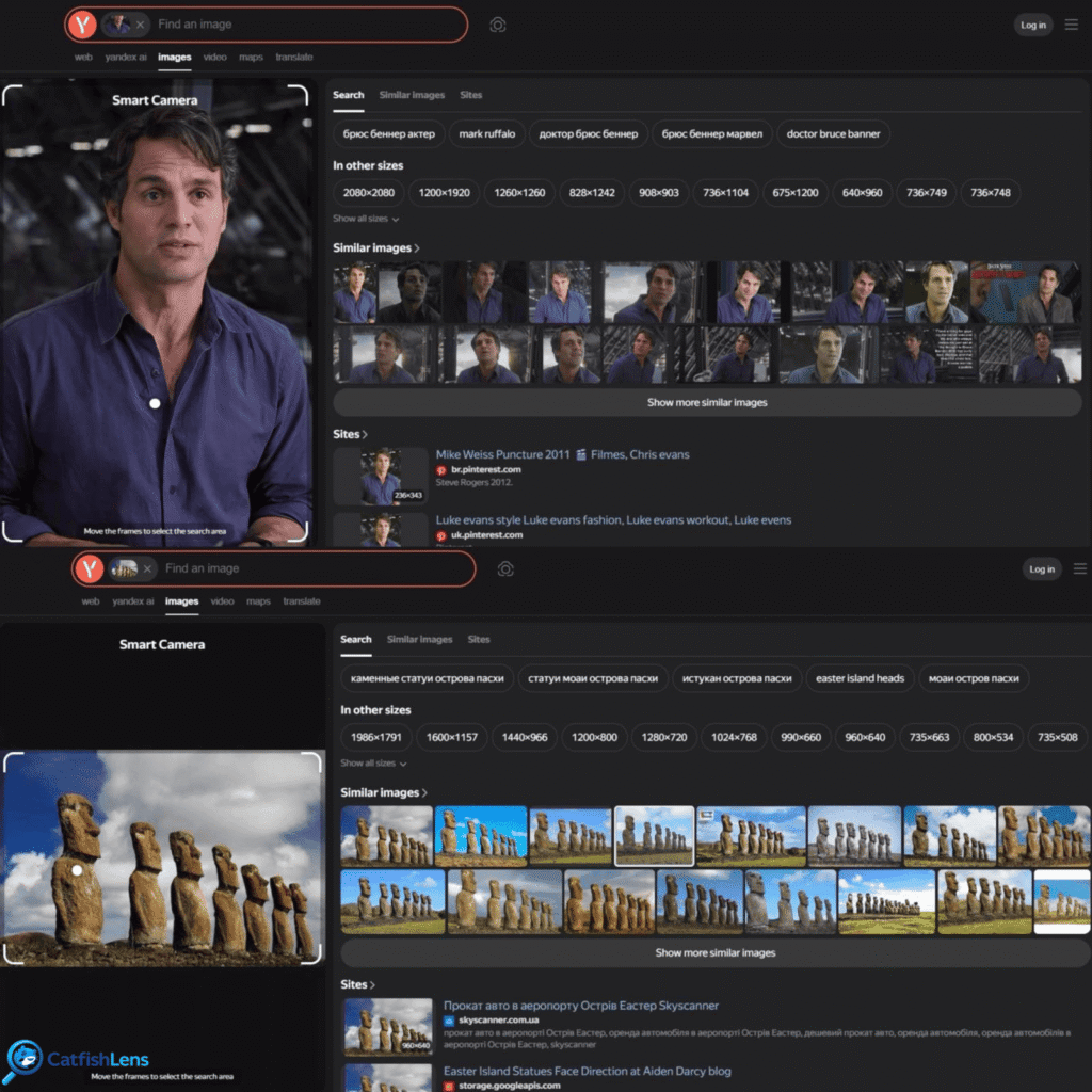 Yandex Face and Location search results